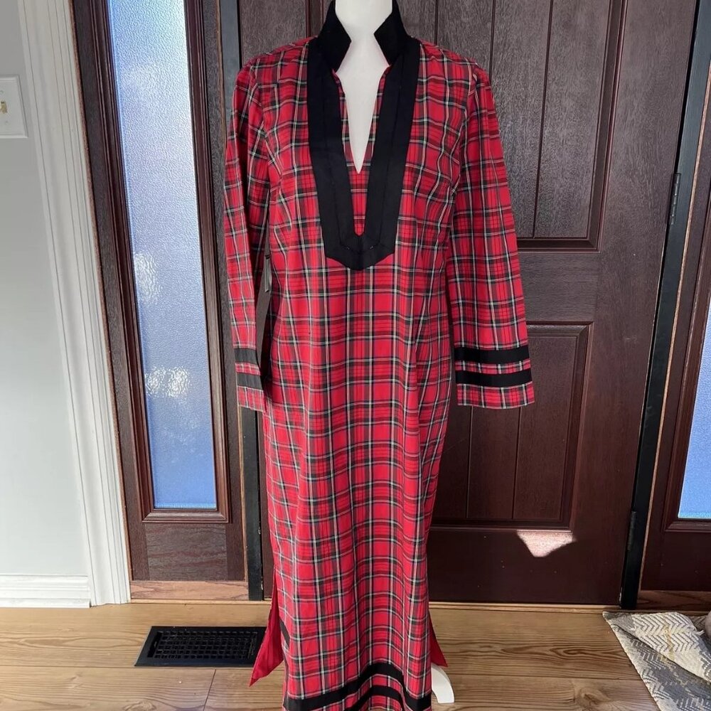 Sail to Sable Red Black Plaid Caftan dress Large  NWT